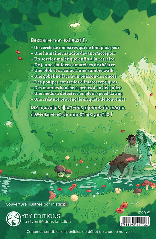4e de couverture de "Les Monstres aussi ont droit au bonheur", recueil de nouvelles, dessin de Mistéxpi, YBY Éditions.