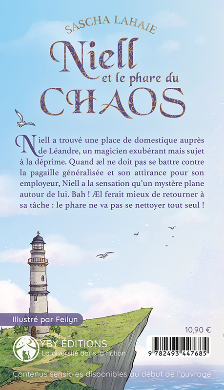4e de couverture de "Niell et le Phare du chaos", par Sascha Lahaie, dessin de Feilyn, YBY Éditions