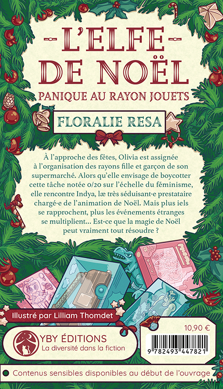 4e de couverture de "L’Elfe de Noël – Panique au rayon jouets", par Floralie Resa, dessin de Lilliam Thomdet, YBY Éditions